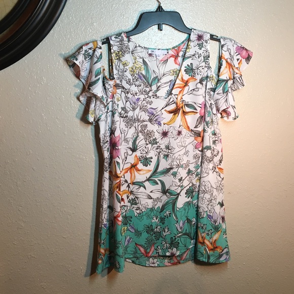 DR2 Tops - Dr2 - Light Silky floral cold shoulder blouse
